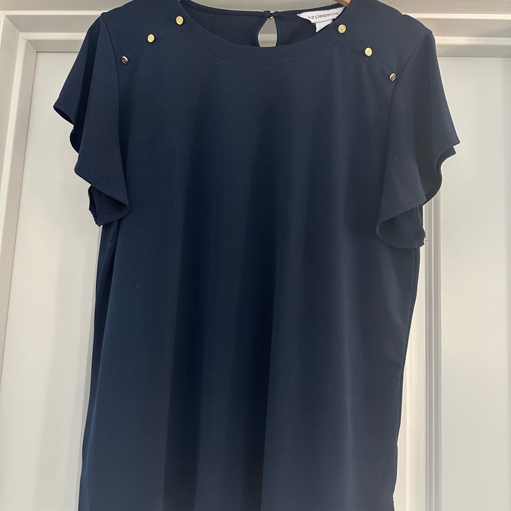 Liz Claiborne Navy Blue Ruffle Sleeve Top, Women’s Size L, gold buttons